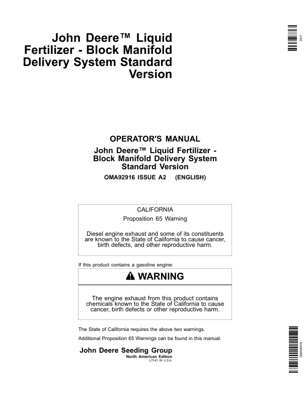John Deere Liquid Fertilizer - Block Manifold Delivery System (Standard Version) Operator's Manual (OMA92916)