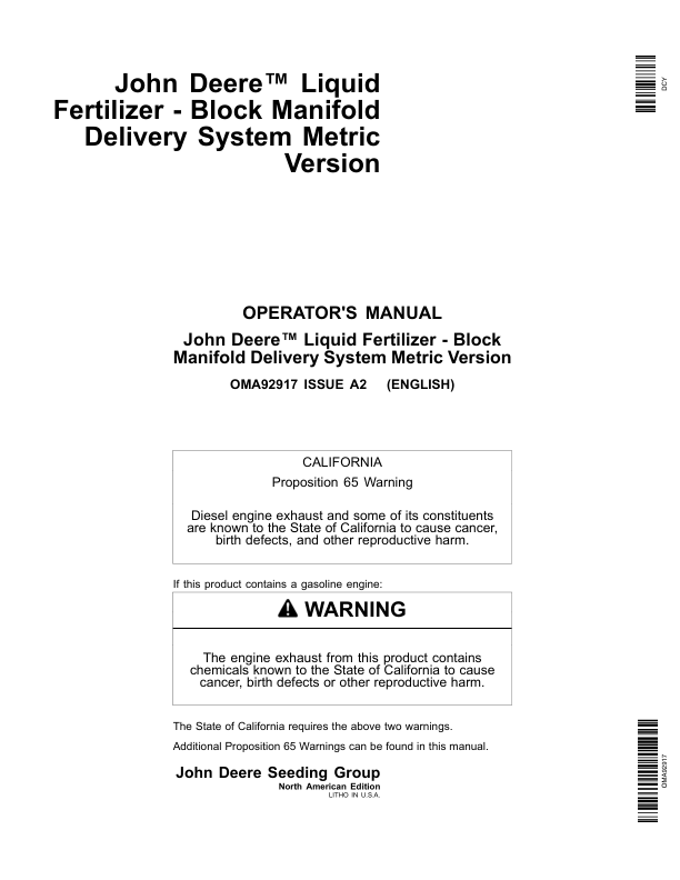 John Deere Liquid Fertilizer - Block Manifold Delivery System (Metric Version) Operator's Manual (OMA92917)