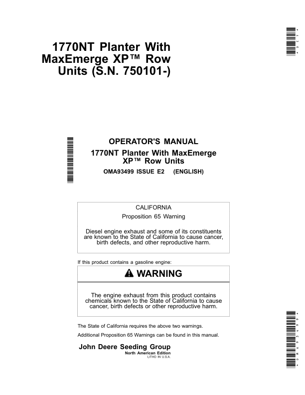 John Deere 1770NT 12/16/24 Row Planter with MaxEmerge XP Row Units Operator's Manual (OMA93499)