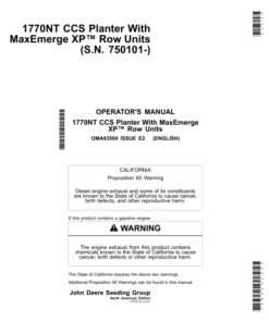 John Deere 1770NT CCS Planter (12/16/24 Row) w/MaxEmerge XP Row Units Operator's Manual (OMA93500)