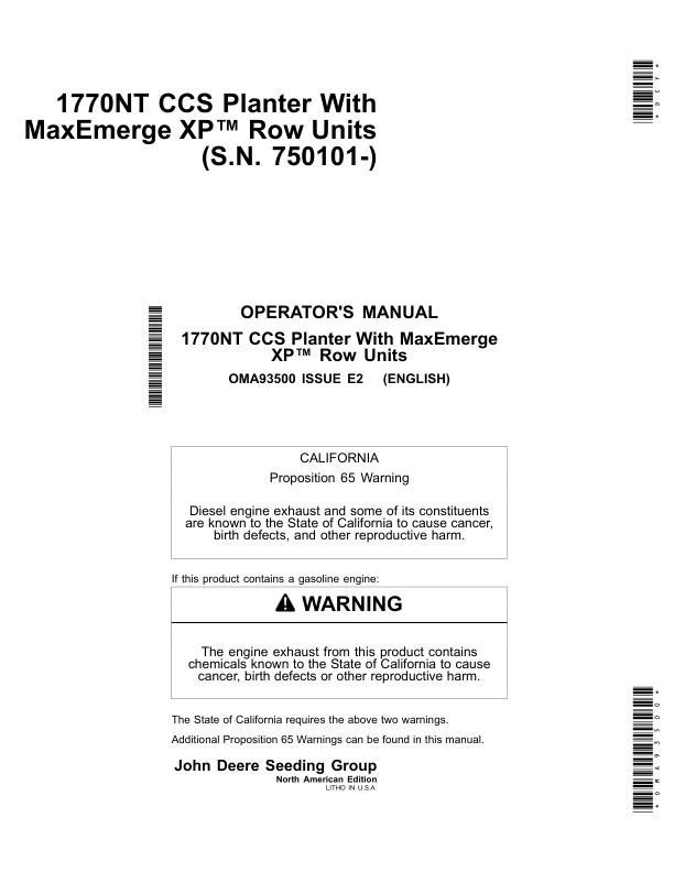 John Deere 1770NT CCS Planter (12/16/24 Row) w/MaxEmerge XP Row Units Operator's Manual (OMA93500)