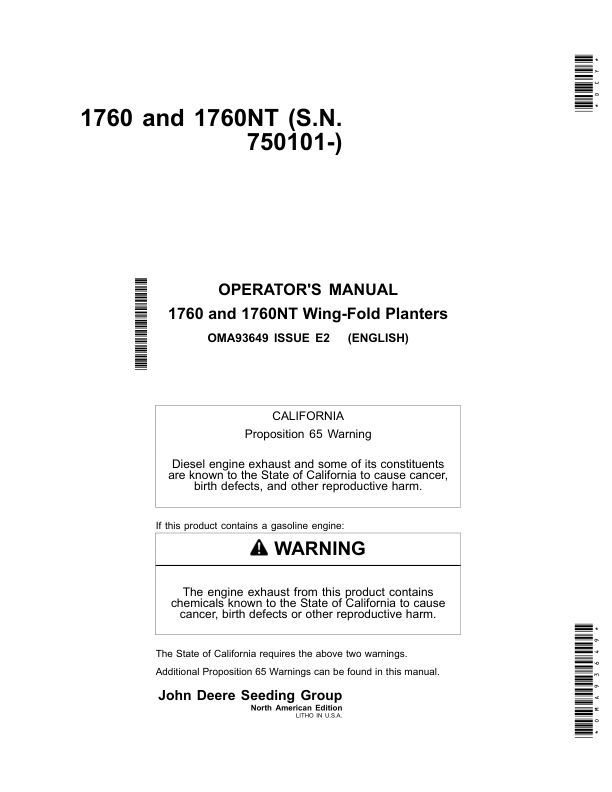 John Deere 1760, 1760NT Wing-Fold Planters (750101-) 6RN, 8RN, 8RW, 12RN Operator's Manual (OMA93649)