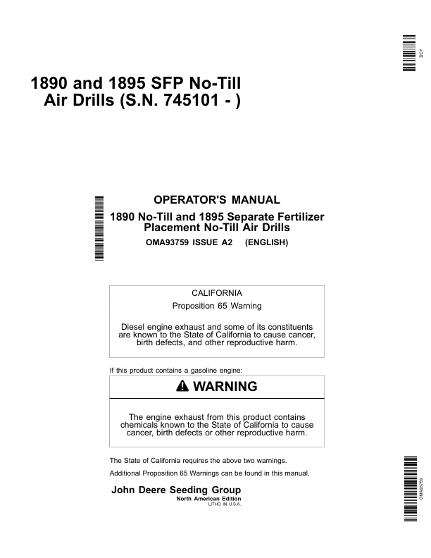 John Deere 1890 & 1895-SFP No-Till Air Drills North America & Australia Edition (745101-750100) Operator's Manual (OMA93759)