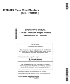 John Deere 1700 6x2 Twin Row Planters (750101-) Operator's Manual (OMA93848)