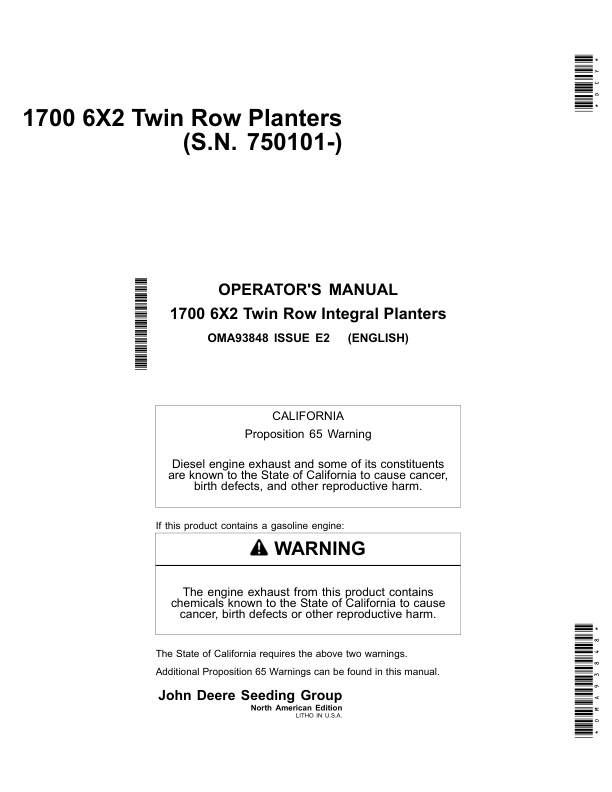 John Deere 1700 6x2 Twin Row Planters (750101-) Operator's Manual (OMA93848)