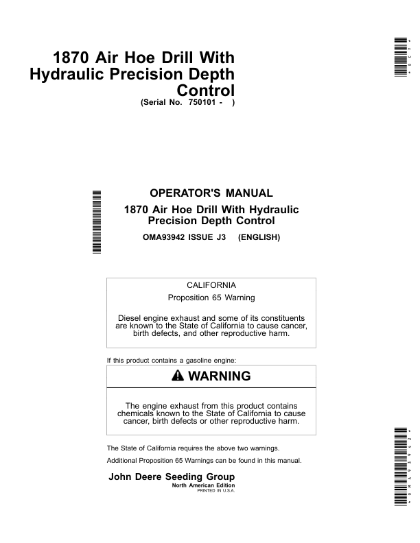 John Deere 1870 Air Hoe Drill North America (750101-760100) Operator's Manual (OMA93942)
