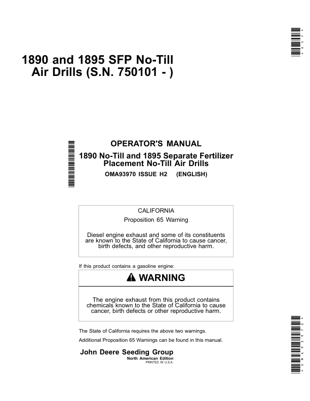 John Deere 1890 & 1895-SFP No-Till Air Drills North America & Australia Edition (750101-760100) Operator's Manual (OMA93970)