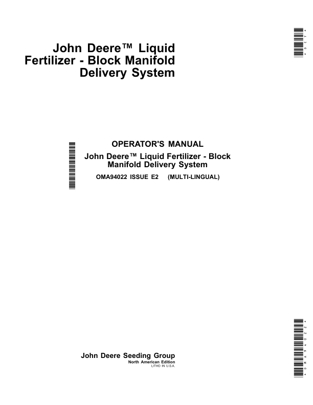 John Deere Liquid Fertilizer - Block Manifold Delivery System (745101-) Operator's Manual (OMA94022)