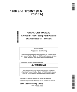 John Deere 1760, 1760NT Wing Fold Planters Operator's Manual (OMA96321)