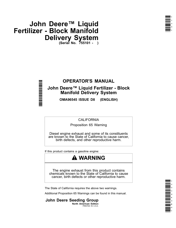 John Deere Liquid Fertilizer - Block Manifold Delivery System Operator's Manual (OMA96545)