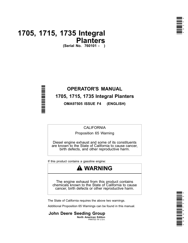 John Deere 1705, 1715 & 1735 Integral Planters Worldwide Edition (760101-765101) Operator's Manual (OMA97505)