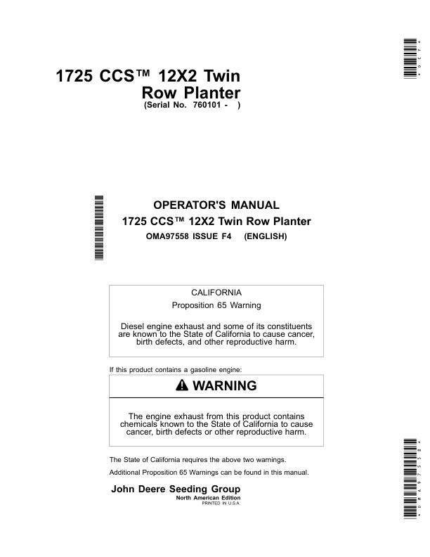 John Deere 1725 CCS 12X2 Twin Row Planter Worldwide Edition (760101-765100) Operator's Manual (OMA97558)