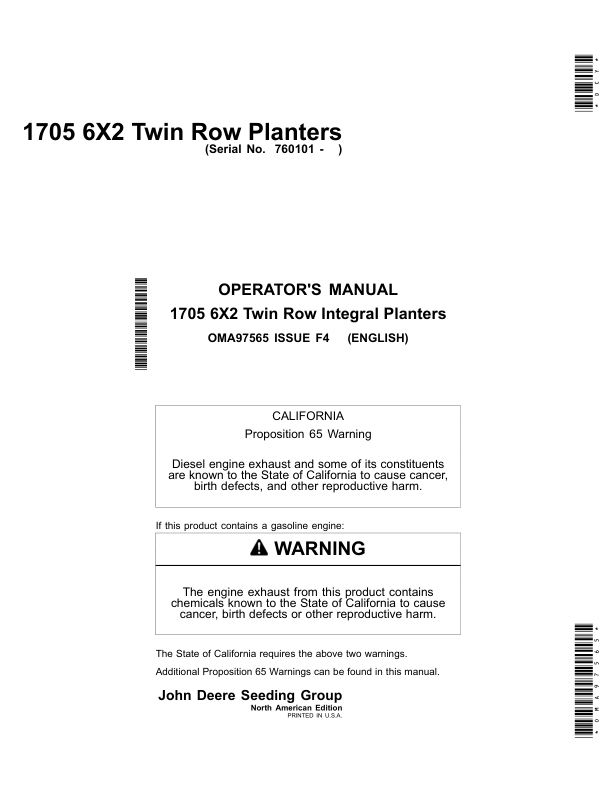 John Deere 1705 6X2 Twin Row Planters North America (760101-765100) Operator's Manual (OMA97565)