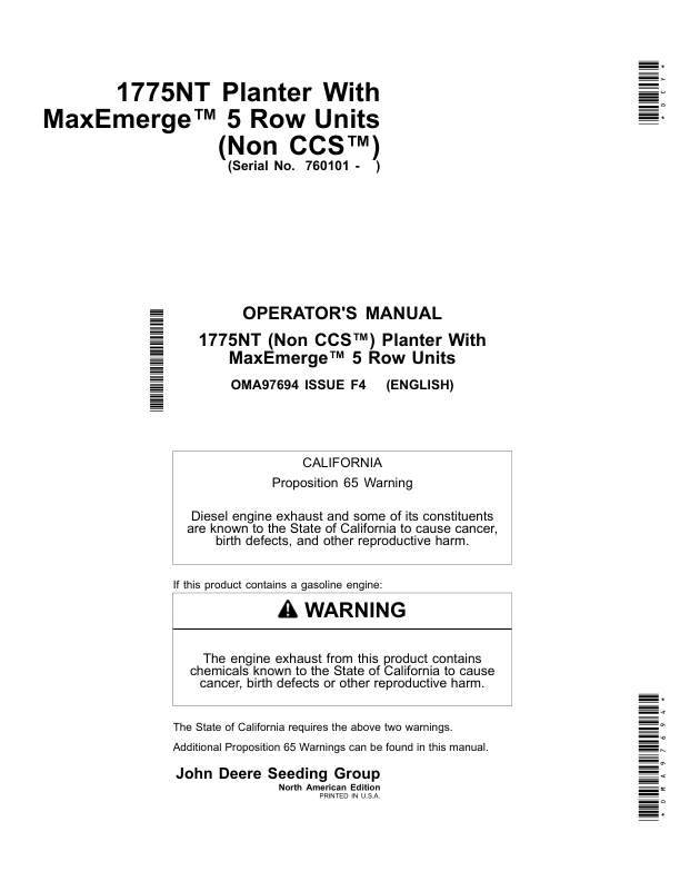 John Deere 1775NT Planter w/MaxEmerge 5 Row Units / (Non CCS) (760101-765000) (North American) Operator's Manual (OMA97694)