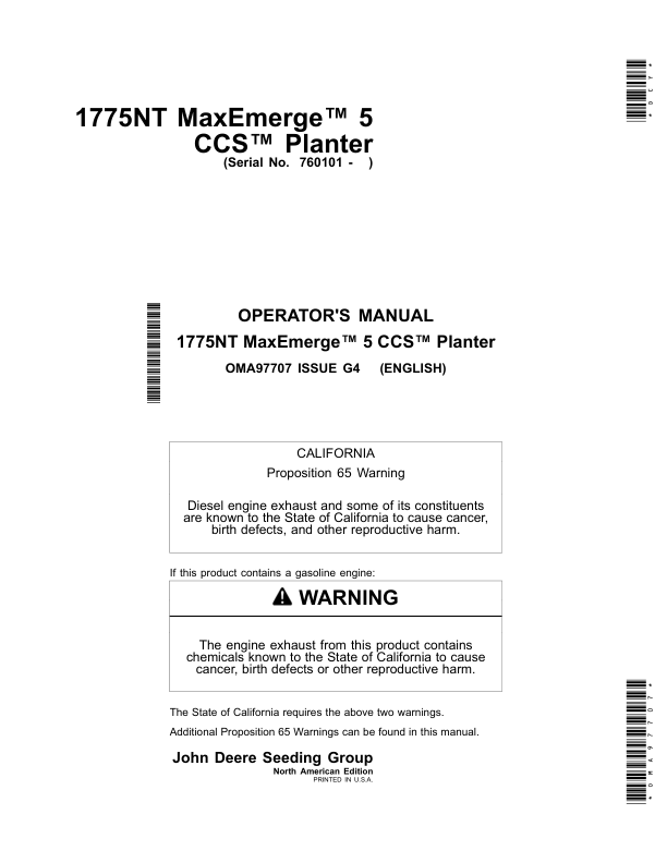 John Deere 1775NT Planters w/MaxEmerge 5 CCS (760101-765100) (North American) Operator's Manual (OMA97707)