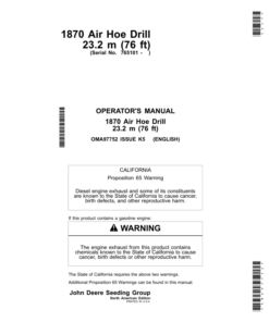John Deere 1870 Air Hoe Drill / 23.2M (76 ft)North America Edition (765101- ) Operator's Manual (OMA97752)