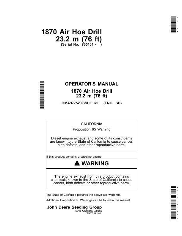 John Deere 1870 Air Hoe Drill / 23.2M (76 ft)North America Edition (765101- ) Operator's Manual (OMA97752)