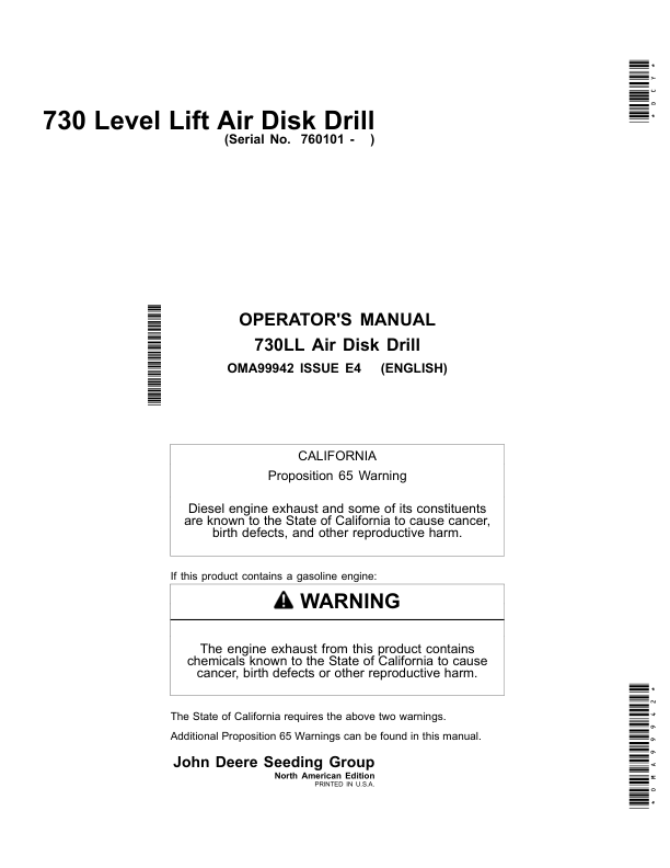 John Deere 730 Level Lift Air Disk Drill North America (760101-765100) Operator's Manual (OMA99942)