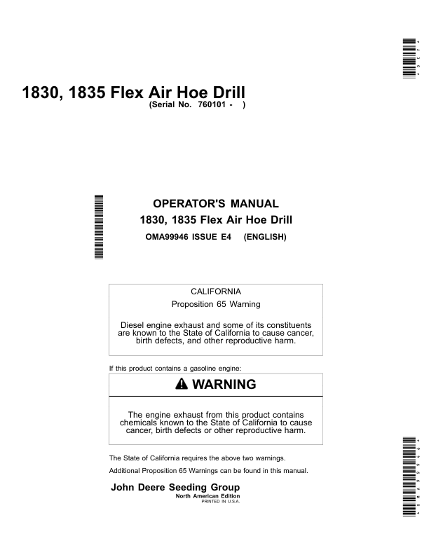 John Deere 1830 & 1835 Flex Air Hoe Drill North America (760101-765100) Operator's Manual (OMA99946)
