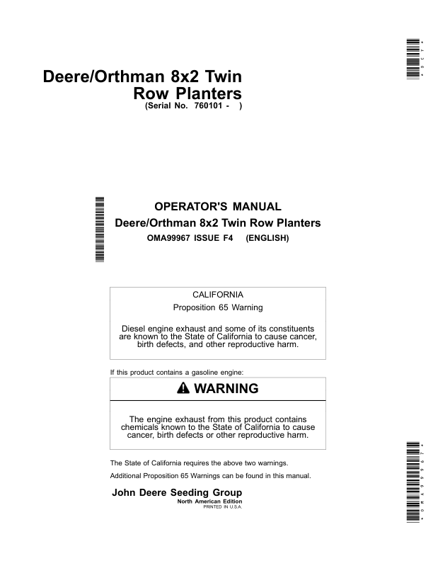 John Deere Deere/Orthman 8x2 Twin Row Planters North America (760101-) Operator's Manual (OMA99967)