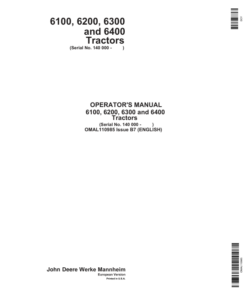 John Deere 6100, 6200, 6300 & 6400 Tractors Operator's Manual (OMAL110985)