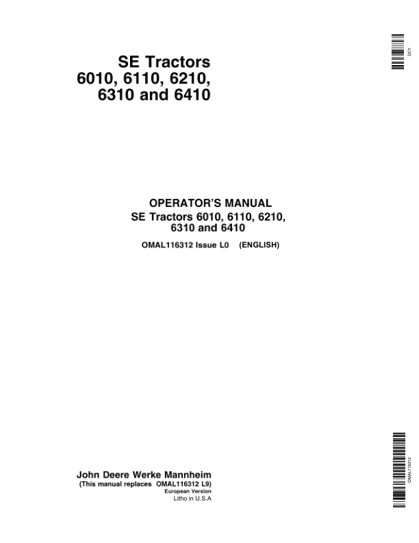 John Deere SE 6010, SE 6110, SE 6210, SE 6310 & SE 6410 Tractors Operator's Manual (OMAL116312)