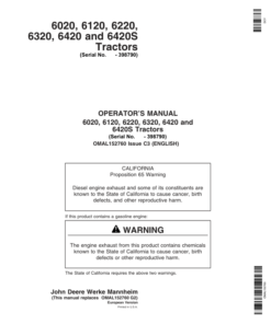 John Deere 6020, 6120, 6220, 6320, 6420, 6420S Tractors Operator's Manual (OMAL152760)