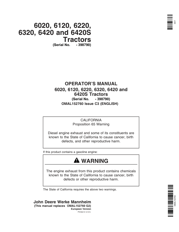 John Deere 6020, 6120, 6220, 6320, 6420, 6420S Tractors Operator's Manual (OMAL152760)
