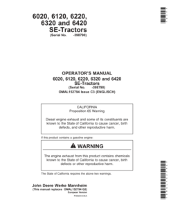 John Deere 6020SE, 6120SE, 6220SE, 6320SE & 6420SE Tractors Operator's Manual (OMAL152794)
