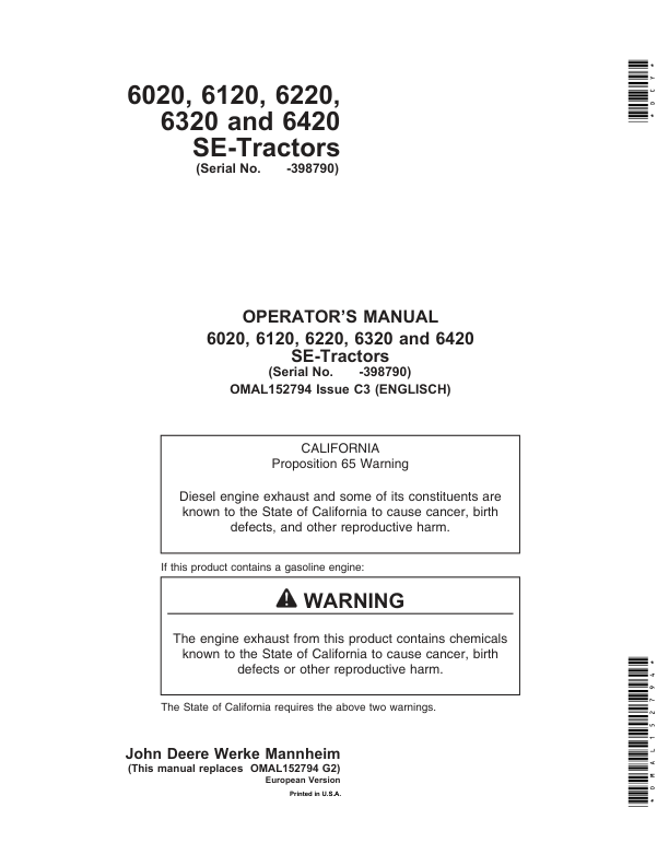 John Deere 6020SE, 6120SE, 6220SE, 6320SE & 6420SE Tractors Operator's Manual (OMAL152794)