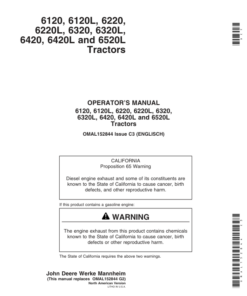 John Deere 6120, 6220, 6320, 6420, 6120L, 6220L, 6320L, 6420L & 6520L Tractors Operator's Manual (OMAL152844)