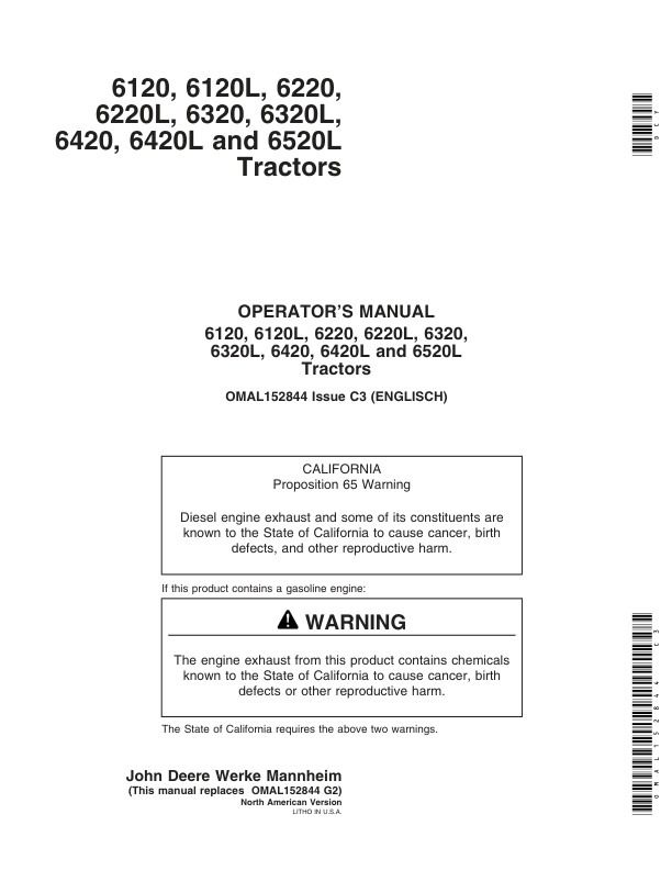 John Deere 6120, 6220, 6320, 6420, 6120L, 6220L, 6320L, 6420L & 6520L Tractors Operator's Manual (OMAL152844)