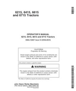 John Deere 6215, 6415, 6615, 6715 Tractors (000000-398790) (North American) Operator's Manual (OMAL152847)