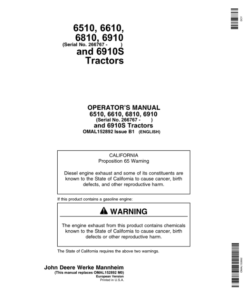 John Deere 6510, 6610, 6810, 6910 & 6910S Tractors Operator's Manual (OMAL152892)