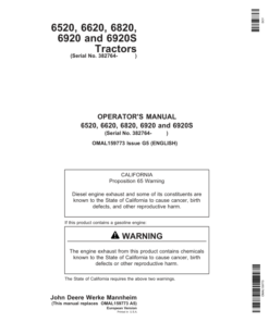 John Deere 6520, 6620, 6820, 6920 & 6920S Tractors Operator's Manual (OMAL159773)