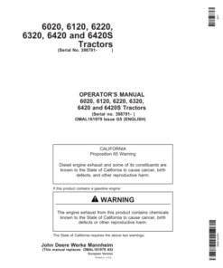 John Deere 6020, 6120, 6220, 6320, 6420 & 6420S Tractors Operator's Manual (OMAL161979)