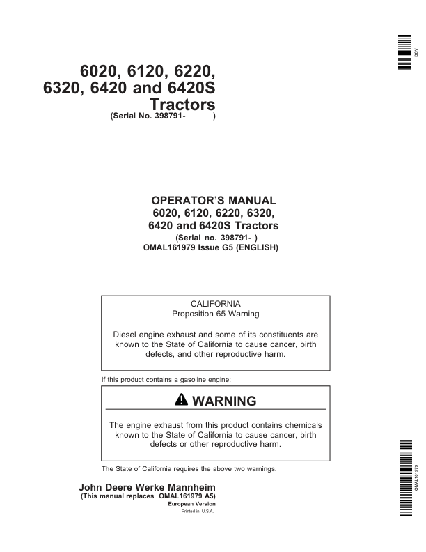 John Deere 6020, 6120, 6220, 6320, 6420 & 6420S Tractors Operator's Manual (OMAL161979)
