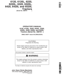 John Deere 6120, 6220, 6320, 6420, 6120L, 6220L, 6320L, 6420L & 6520L Tractors Operator's Manual (OMAL162071)