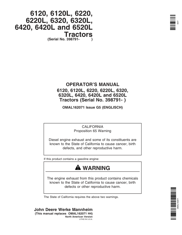 John Deere 6120, 6220, 6320, 6420, 6120L, 6220L, 6320L, 6420L & 6520L Tractors Operator's Manual (OMAL162071)