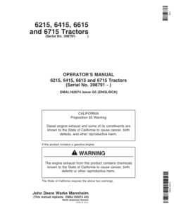 John Deere 6215, 6415, 6615, 6715 Tractor (398791-) (North American) Operator's Manual (OMAL162074)