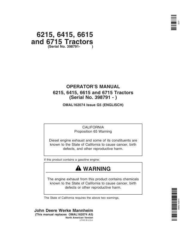 John Deere 6215, 6415, 6615, 6715 Tractor (398791-) (North American) Operator's Manual (OMAL162074)