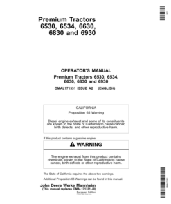 John Deere 6530, 6534, 6630, 6830 & 6930 Premium Tractors Operator's Manual (OMAL171331)