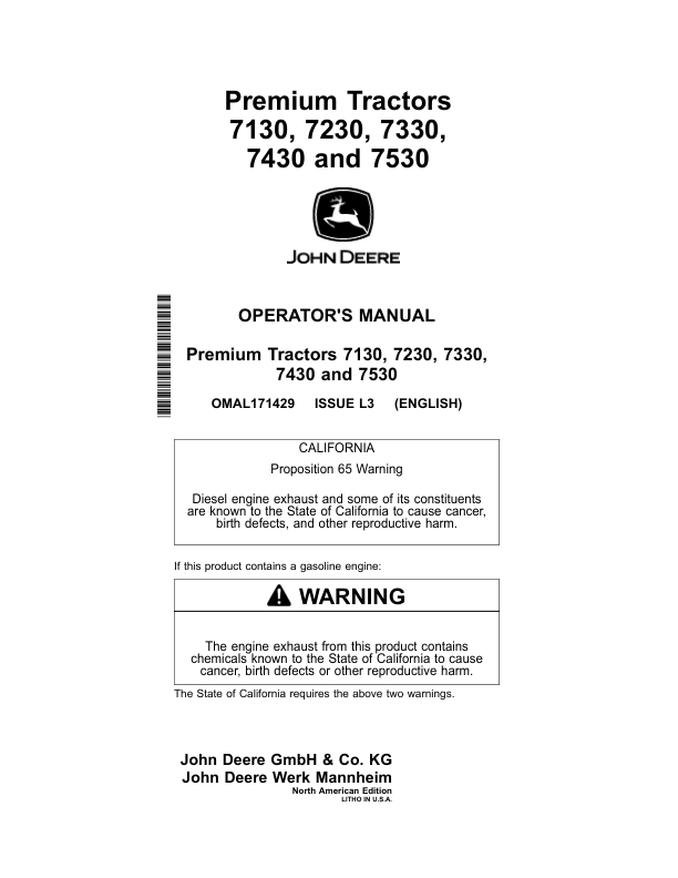John Deere 7130, 7230, 7330, 7430 & 7530 Premium Tractors (North American) Operator's Manual (OMAL171429)