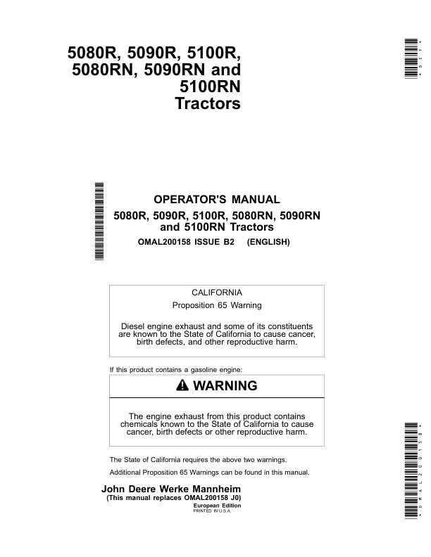 John Deere 5080R, 5090R, 5100R, 5080RN, 5090RN & 5100RN Tractors Operator's Manual (OMAL200158)