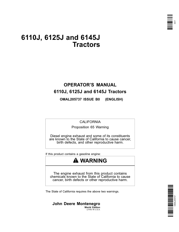John Deere 6110J Tractors (000000-001475) 6125J Tractors (000000-000631) 6145J Tractors (000000-001169) Worldwide Edition Operator's Manual (OMAL205737)