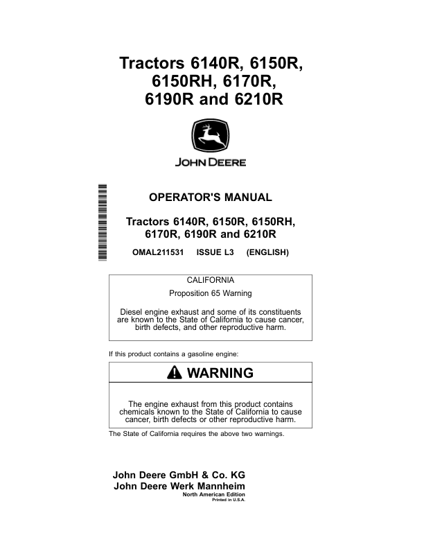 John Deere 6140R, 6150R, 6150RH, 6170R, 6190R, 6210R Tractors (North America) Operator's Manual (OMAL211531)