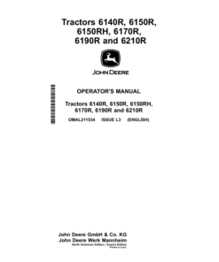 John Deere 6140R, 6150R, 6150RH, 6170R, 6190R, 6210R Tractors (North America / Export) Operator's Manual (OMAL211534)