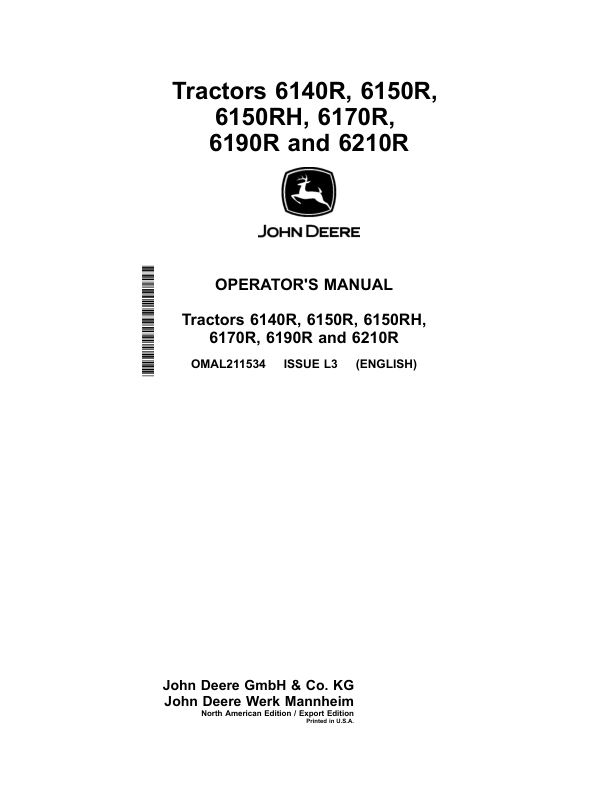John Deere 6140R, 6150R, 6150RH, 6170R, 6190R, 6210R Tractors (North America / Export) Operator's Manual (OMAL211534)