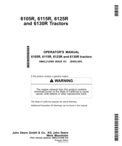 John Deere 6105R, 6115R, 6125R & 6130R Tractors Interim Tier 4 Engines / European Edition Operator's Manual (OMAL212500)