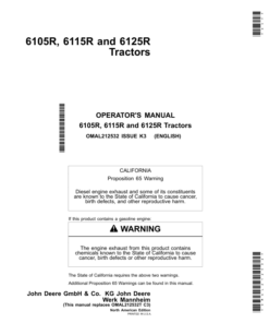 John Deere 6105R, 6115R, 6125R Tractors (North American) Operator's Manual (OMAL212532)